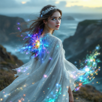 A serene figure in a flowing white gown stands on a cliff, gazing back. Ethereal, colorful lights swirl around her, capturing the essence of bravery amid life's challenges.