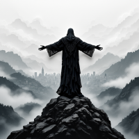 A cloaked figure stands on a rocky peak, arms outstretched towards a misty valley, embodying the theme of strength in unity and the inevitability of fate. Dark mountains loom in the background.