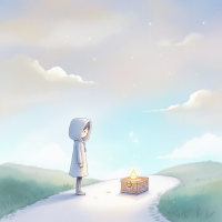 A young figure in a hooded cloak stands on a path, gazing thoughtfully at a glowing treasure chest surrounded by a serene landscape, embodying the quote about choices creating new stories.