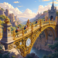 An intricately designed golden bridge spans a serene river amidst majestic mountains and castles, illustrating the idea that certain tasks must be executed with precision and care.