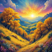 A vibrant landscape at sunrise, filled with golden foliage and colorful wildflowers, showcasing rolling hills that illustrate the beauty and complexity of nature's palette.