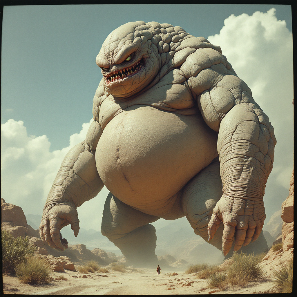 A massive, shapeless creature resembling the Bolbod towers over a small figure in a desert landscape, embodying the quote's description of its plug-ugly appearance.