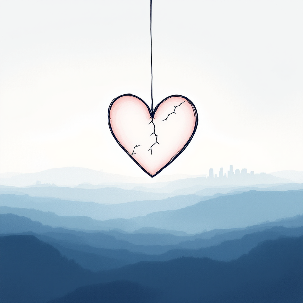 A cracked heart hangs delicately against a serene blue mountain landscape, reflecting the vulnerability and emotional depth encapsulated in the quote about love's power to heal or harm.