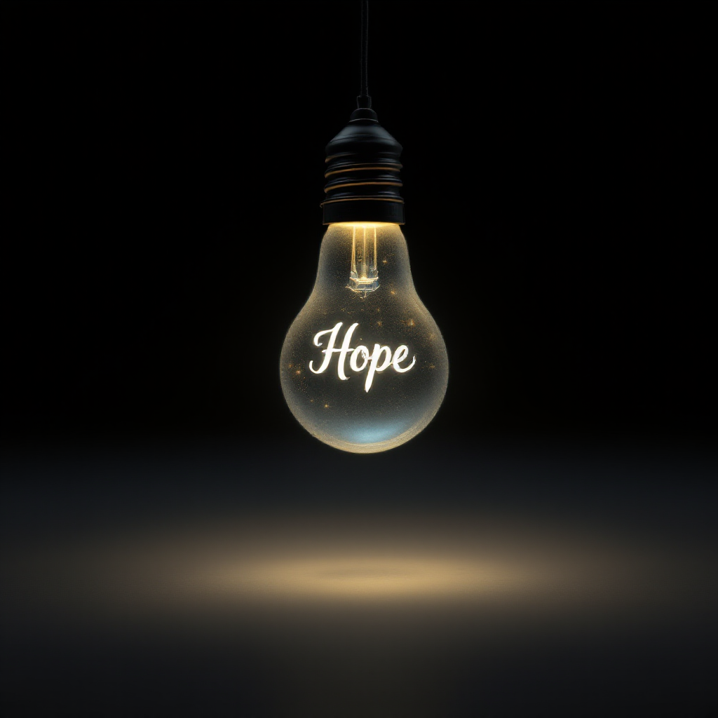 A glowing light bulb hangs in darkness, illuminating the word Hope, symbolizing the strength and brightness of hope during challenging times.