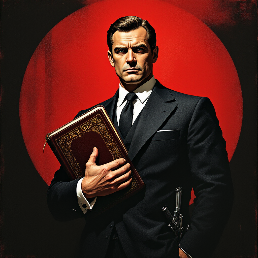 A poised man in a black suit stands against a red background, holding a law book in one hand and a handgun in the other, embodying the quote about law and accountability.