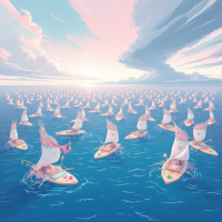 A vast ocean filled with numerous boats, each adorned with colorful sails, navigates beneath a pastel sky, embodying the quote's theme of unity in life's journey through challenges.