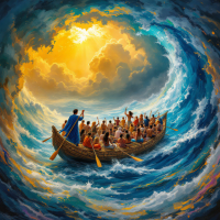 A diverse group of people in a wooden raft navigates turbulent waves under a dramatic sky, symbolizing unity in life's challenges and the journey through existence.