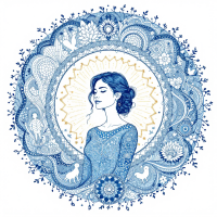 A serene blue-and-gold illustration features a woman with flowing hair, surrounded by intricate patterns and symbols representing her diverse life experiences as a woman, wife, lover, and mother.