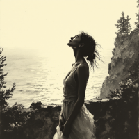 A woman stands on a cliff, gazing upward with a serene expression, surrounded by nature, embodying the realization of her self-worth and significance.