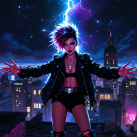 A confident figure in a leather jacket stands atop a city rooftop, arms outstretched as lightning crackles above, embodying the spirit of daring and limitless potential.