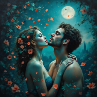 A tender moment between a couple surrounded by blooming flowers and a full moon, embodying the complex emotions of love and the potential for betrayal.