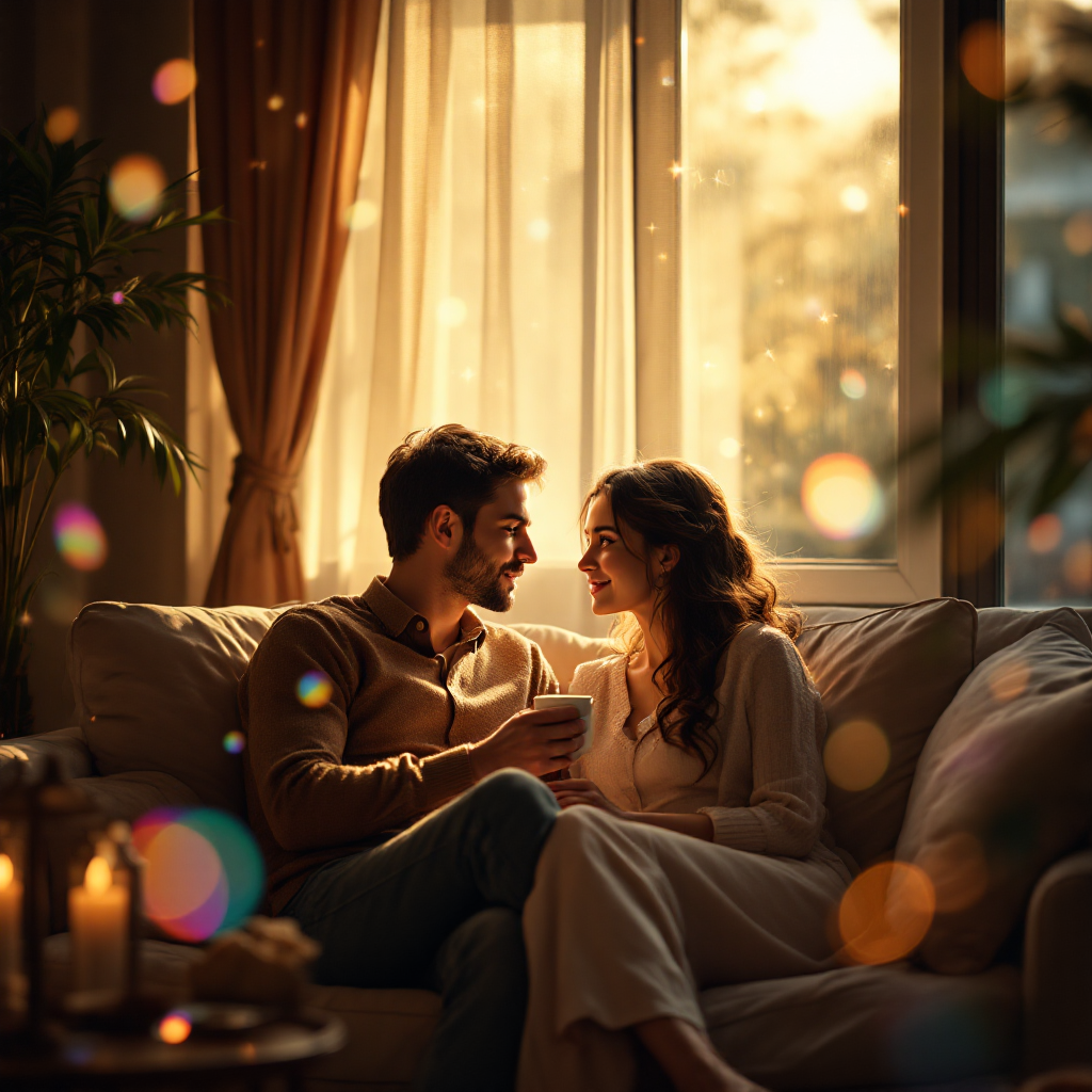 A couple sits close together on a cozy couch, sharing a warm moment with soft sunlight streaming through a window, evoking feelings of comfort and connection.