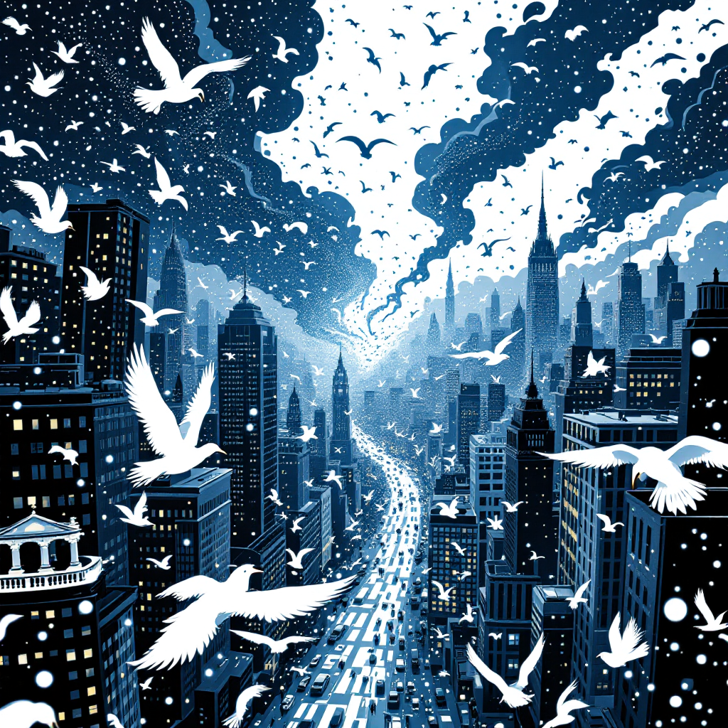 A surreal cityscape filled with towering skyscrapers and swirling clouds, where flocks of white birds swirl overhead, evoking chaos and the roar of billions of minds in a vivid urban setting.