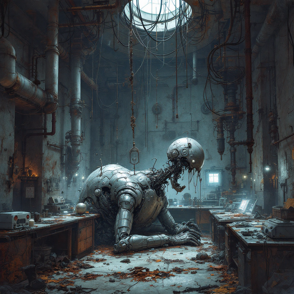 A rusty, humanoid robot crawls on a cluttered workshop floor, surrounded by pipes and tools, with light filtering through a skylight above, embodying unexpected solutions in engineering.