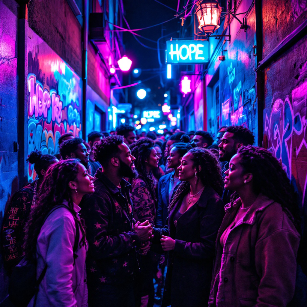 A vibrant alleyway illuminated by neon lights features a diverse group of people engaging in conversation, embodying the spirit of unity expressed in the quote, We’re all in it together.