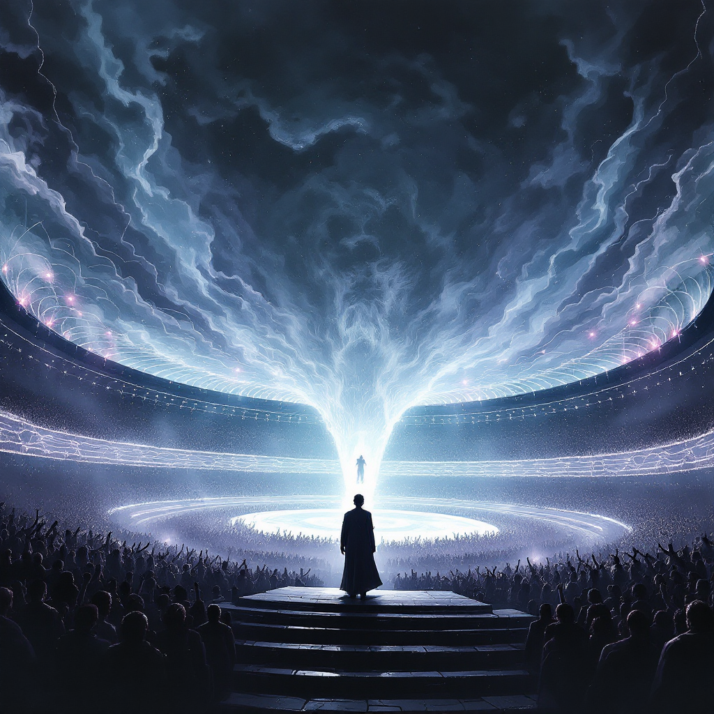 A dramatic scene depicts a lone figure standing before an electrified crowd in a grand arena, embodying the blurred line between justice and entertainment. Thunderous energy fills the sky.