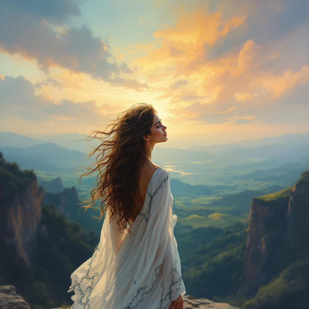 A woman in a flowing white dress stands on a cliff, gazing at the vast landscape and vibrant sunset, embodying the quote about freedom as an ultimate illusion we endlessly pursue.