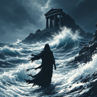 A hooded figure stands on a rocky shore, facing tumultuous waves that crash against a distant temple, evoking the struggle of challenging the gods and embracing the unknown.