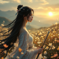 A woman in a flowing white dress stands in a sunlit flower field, holding a sword and gazing into the horizon, embodying determination and the belief in deserving one's dreams.