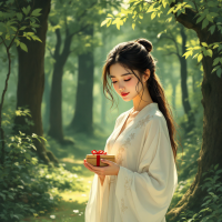 A serene young woman in a flowing white garment stands in a sunlit forest, holding a small gift box tied with a red ribbon, embodying the sentiment of receiving what we need in life.