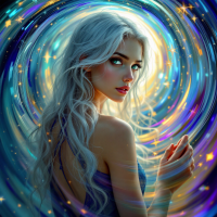 A woman with flowing silver hair gazes over her shoulder, surrounded by a swirl of vibrant colors and sparkling stars, embodying the quote's theme of belief in fate over love.