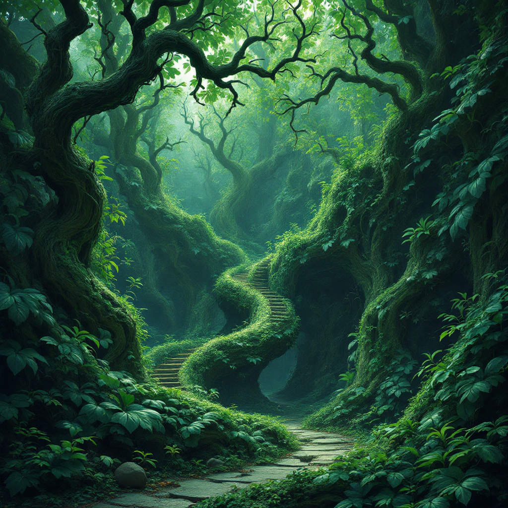 A winding path through a lush, green forest, surrounded by towering trees and dense foliage, symbolizes the complex journey of thoughts shaped by language and self-delusion.