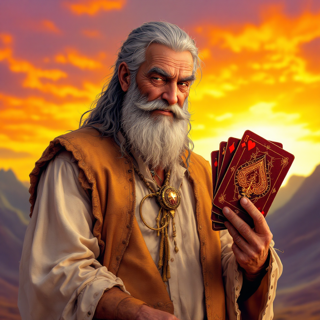 An elderly man with a long white beard holds a hand of playing cards against a vivid sunset backdrop, embodying the idea of strategic play and adaptability in life.