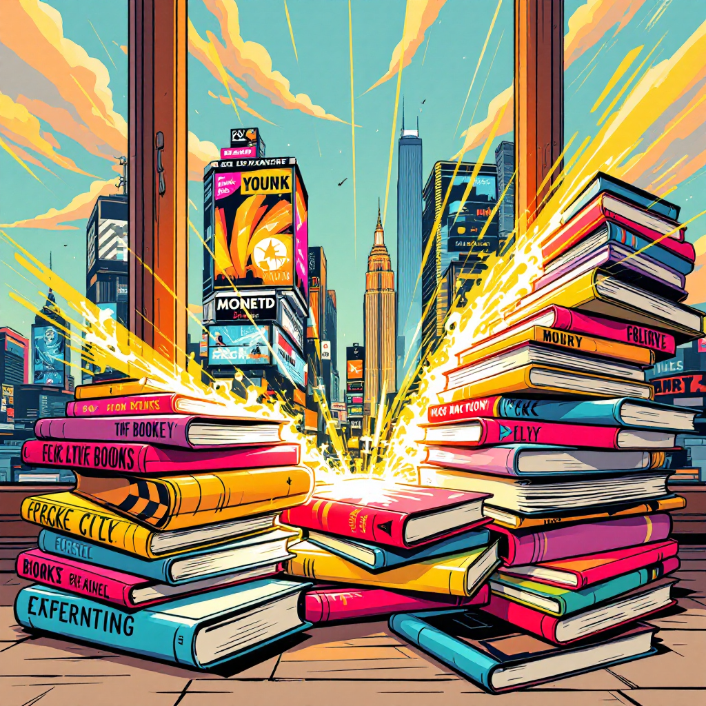 A vibrant cityscape is visible through windows, with stacks of colorful books exploding with light in the foreground, embodying the transformative power of literature.