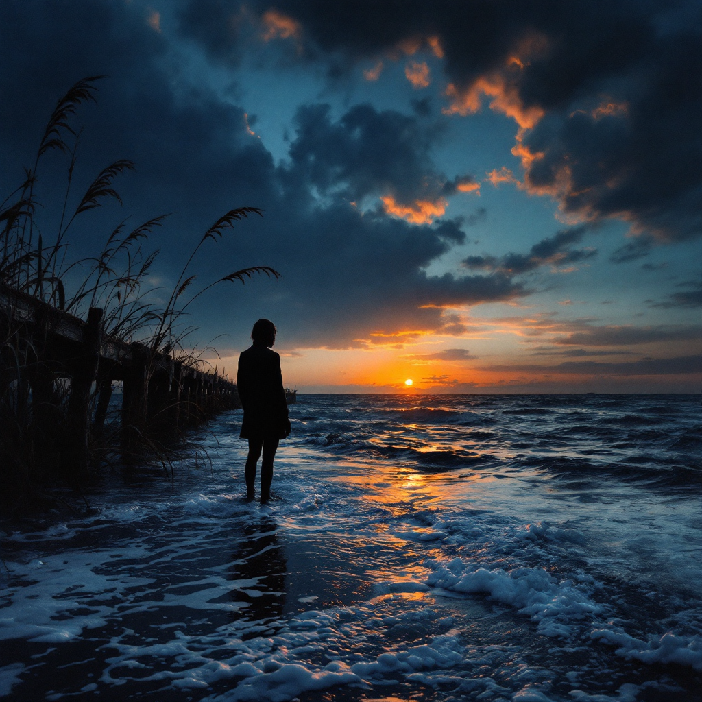 A silhouette of a person stands at the edge of a beach, gazing at a vibrant sunset over the ocean, embodying the essence of stories told by the wind and the sea.