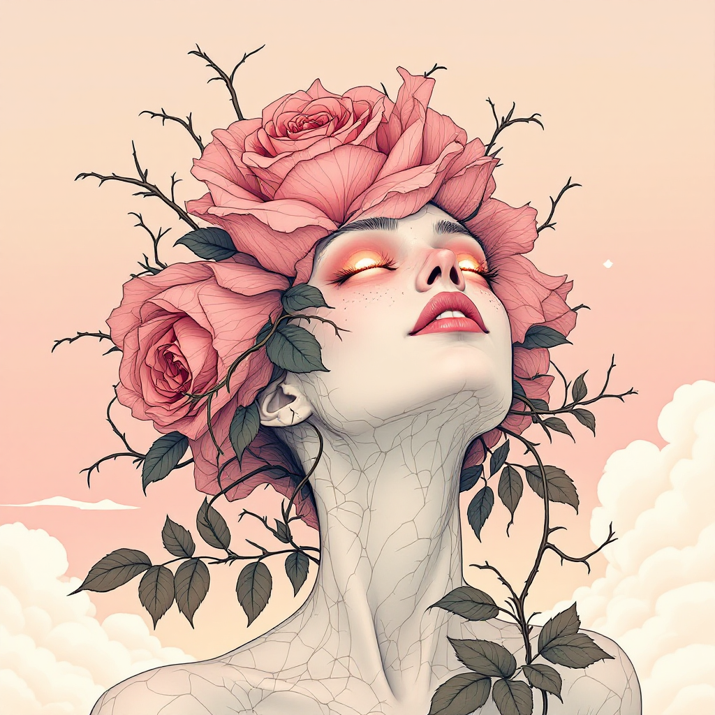 A serene figure adorned with pink roses and delicate branches gazes upward, embodying the essence of responsibility and beauty, reminiscent of the quote about caring for one's rose.