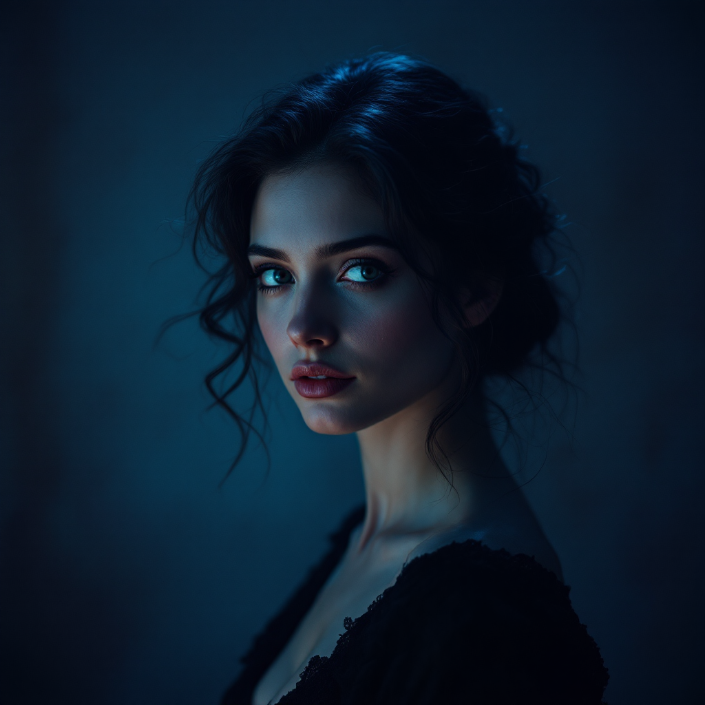 A woman with dark, tousled hair gazes thoughtfully into the distance, her features illuminated by a soft, blue light, embodying the tension between truth and illusion.