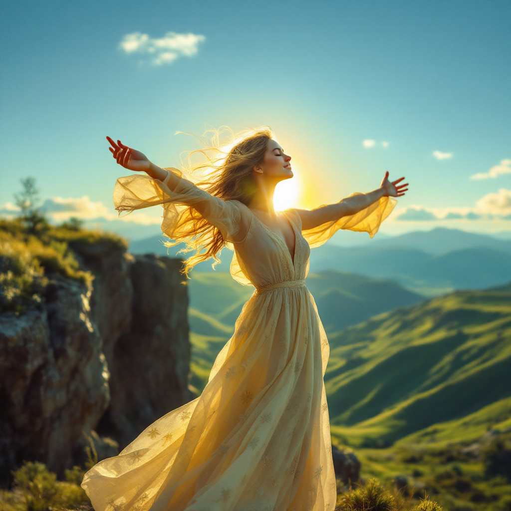 A woman in a flowing dress stands on a mountain peak, arms outstretched toward the sun, embodying the exhilarating yet daunting essence of freedom amidst a stunning landscape.