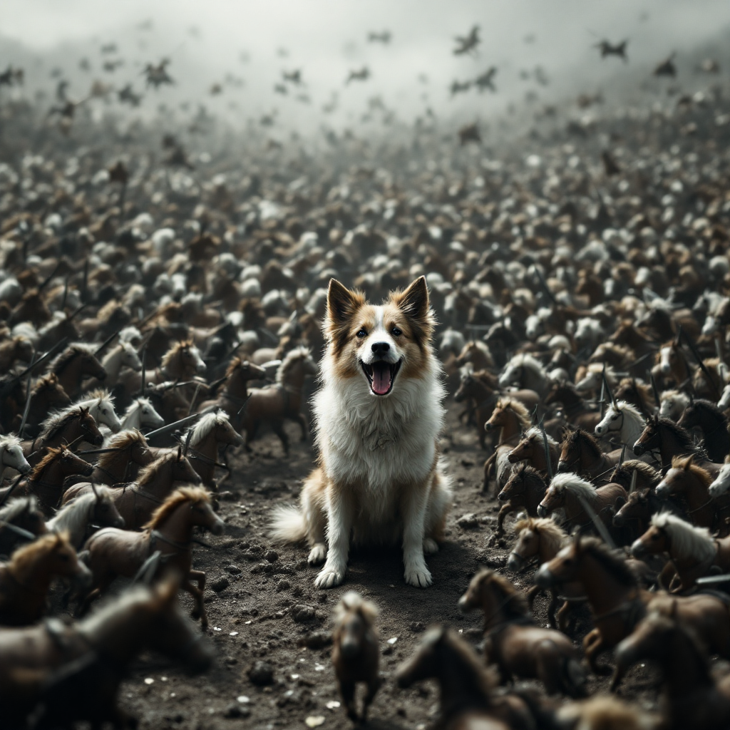 A determined dog stands confidently amidst a vast sea of horses, embodying the spirit of the quote: It's not the size of the dog in the fight, it's the size of the fight in the dog.