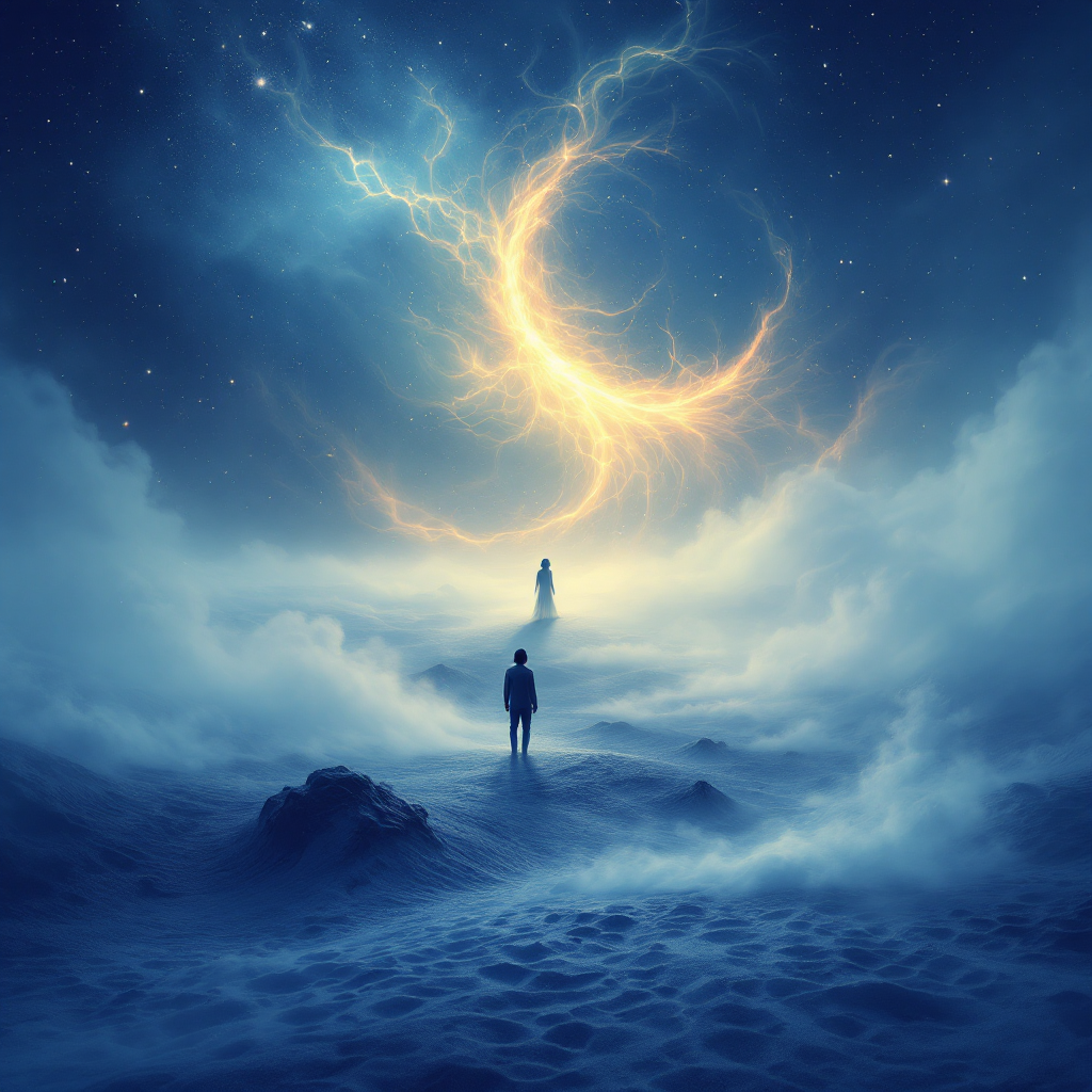 A solitary figure stands in a surreal, misty landscape under a starry sky, with a glowing crescent shape above, symbolizing the narratives that shape our identity.