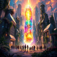 A vibrant, glowing crystal towers above a diverse group of people in a lush, futuristic city, symbolizing energy independence and control over resources.