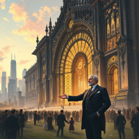 A distinguished figure in formal attire gestures toward a grand, illuminated structure, symbolizing ambition and legacy amid a crowd at a fair. The skyline of a city looms in the background.