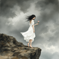 A woman in a flowing white dress stands on a rocky cliff, holding a pink flower. Dark, swirling clouds loom overhead, embodying her strength and right to choose her own path.