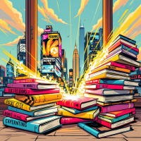 A vibrant cityscape is visible through windows, with stacks of colorful books exploding with light in the foreground, embodying the transformative power of literature.