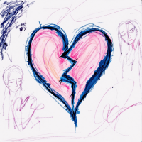 A vibrant, broken heart illustration surrounded by abstract sketches of faces and hearts, representing the fragility of trust as described in the quote about its irreparable nature.