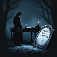 A solitary figure stands by a writer's desk in a dark, atmospheric setting, contemplating a tombstone that reads, HERE LIES A WRITER, symbolizing the choice between life and legacy.