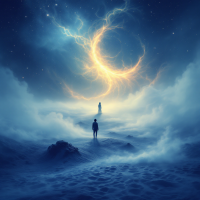 A solitary figure stands in a surreal, misty landscape under a starry sky, with a glowing crescent shape above, symbolizing the narratives that shape our identity.