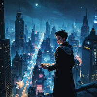 A figure stands on a rooftop, gazing over a sprawling cityscape at night, illuminated by vibrant lights, reflecting the quote about barriers in a city without walls.