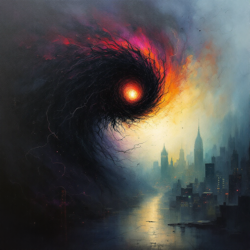 A swirling vortex of darkness and colors looms over a cityscape, embodying the quote about the inner monsters and ghosts that reside within us, hinting at their powerful presence.