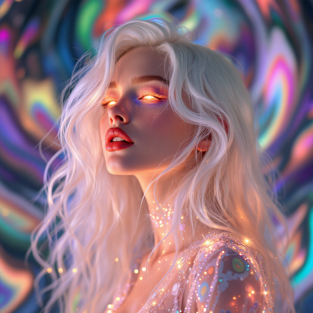 A stunning albino woman with white silk hair and coral lips, her blind eyes shimmer with a mystical glow, set against a vibrant, swirling backdrop of colors.