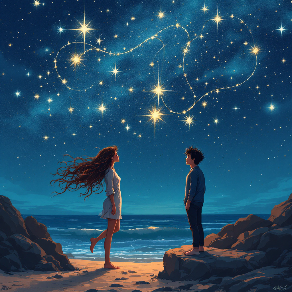 A girl and a boy stand on a beach at night, gazing at a starry sky where constellations form memories, illustrating the quote about friendship transcending time and distance.