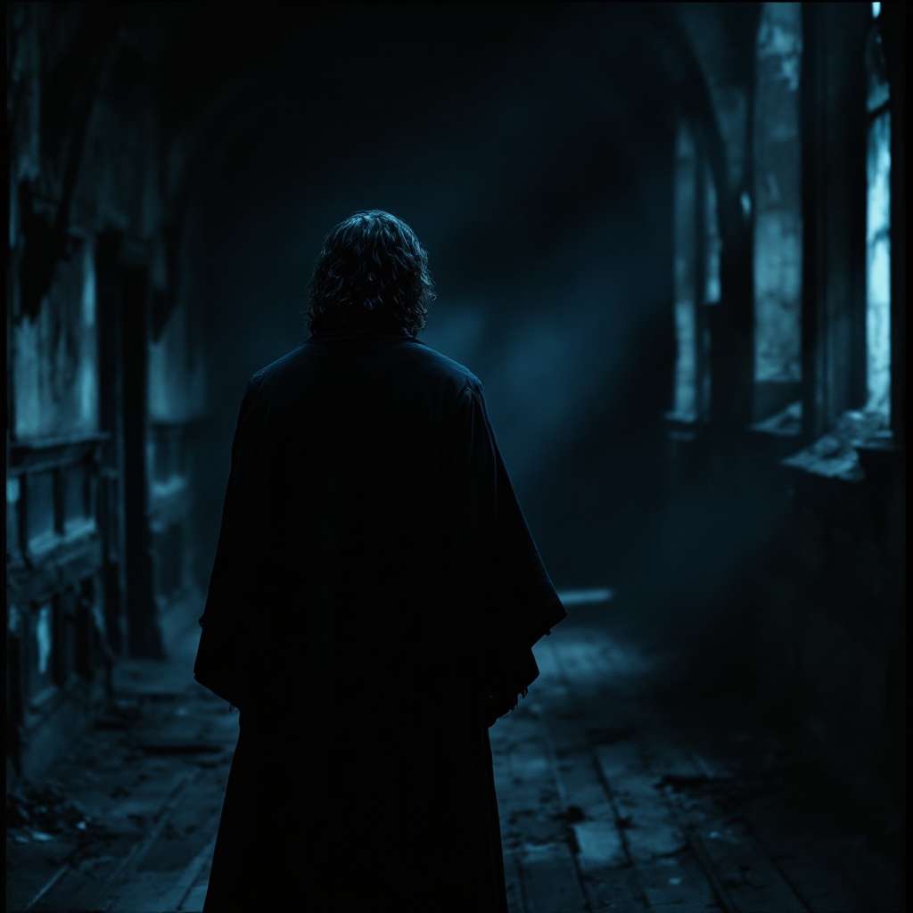 A somber figure stands in a dimly lit, abandoned corridor, surrounded by shadows and dust, evoking the loss expressed in the quote, Sirius is gone.