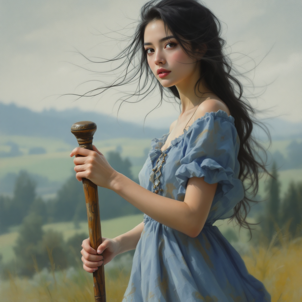 A young woman in a flowing blue dress stands in a sunlit field, holding a wooden staff, embodying the spirit of persistence amidst a serene landscape.