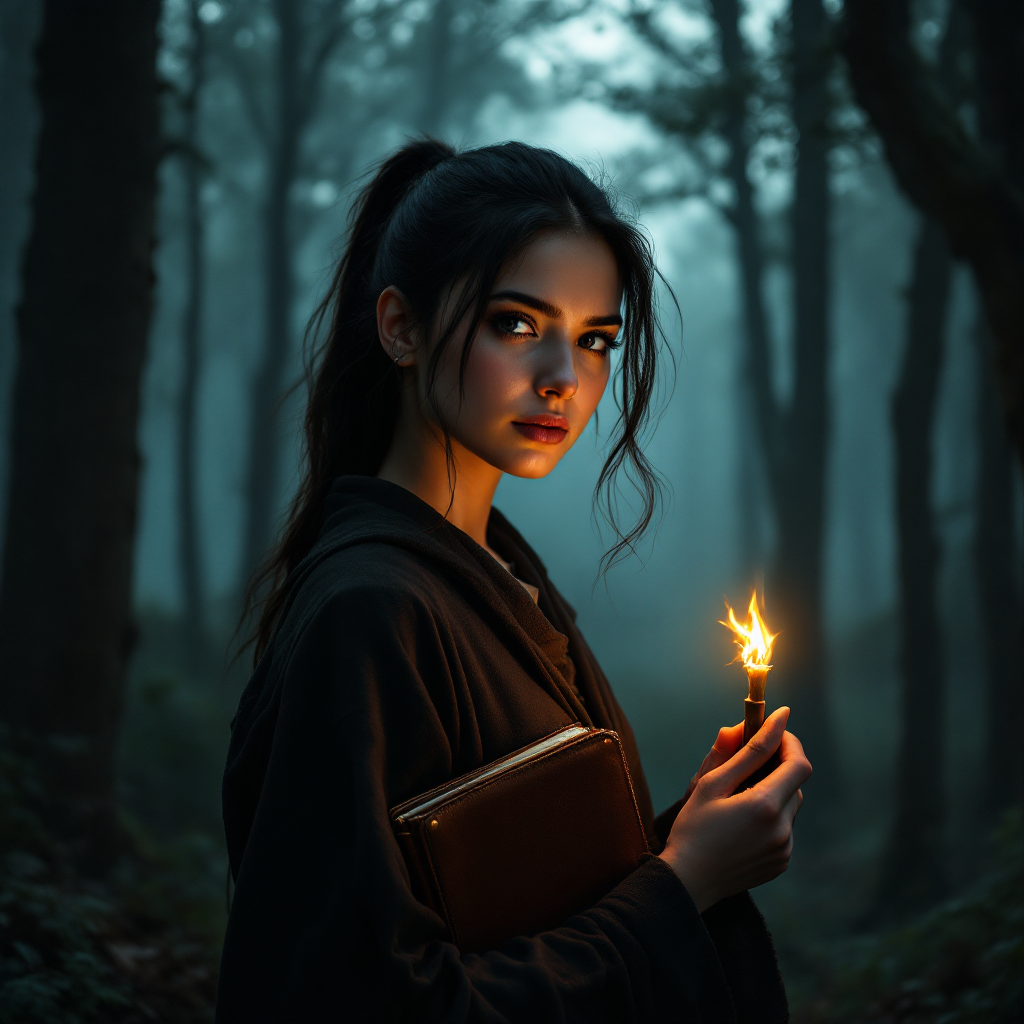 A young woman holds a small flame in a dark, misty forest, a book tucked under her arm, embodying the sentiment of creating light in a world of shadows.