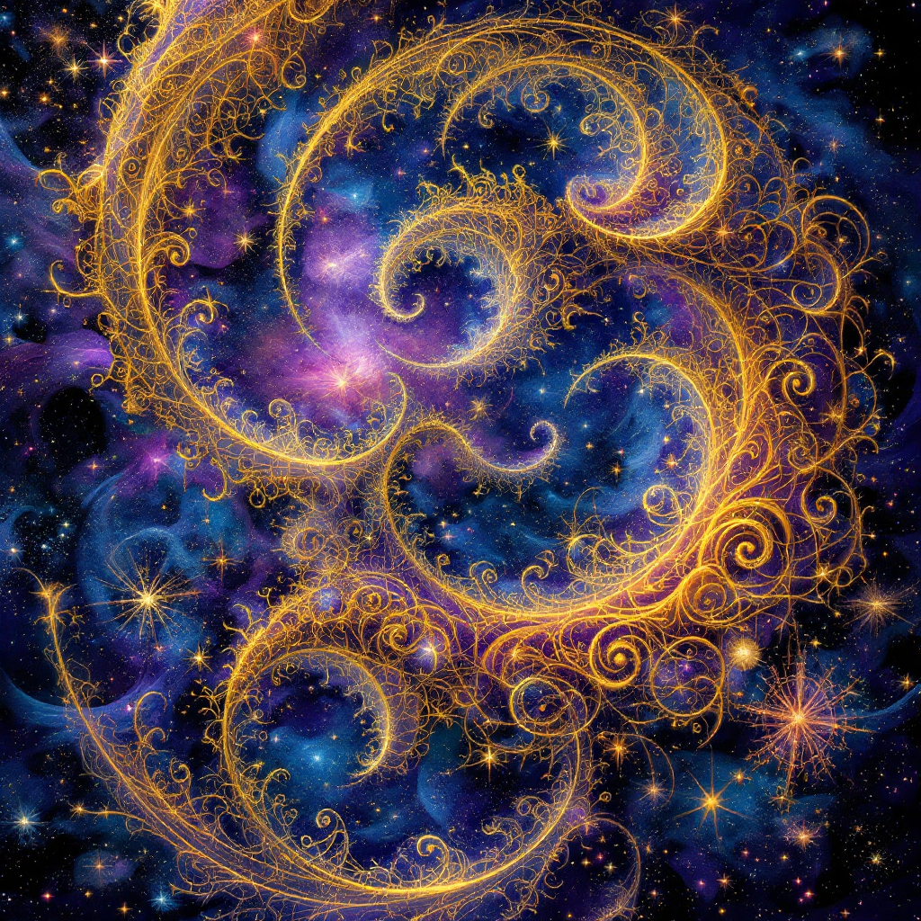 A cosmic scene filled with swirling golden patterns against a deep blue and purple backdrop, representing the interconnectedness of actions across time and space.