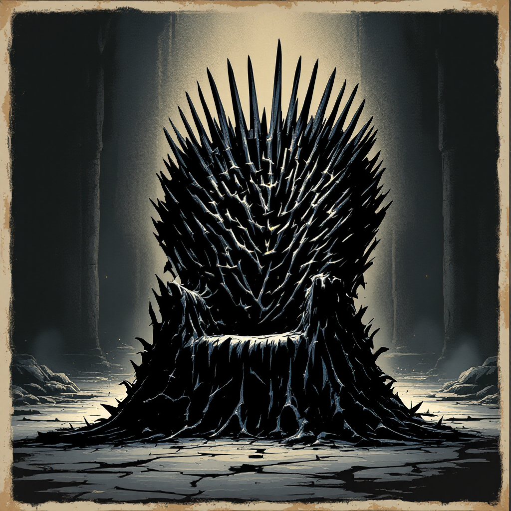 A menacing iron throne, jagged and spiked, sits in a dimly lit chamber, embodying the quote: The price of power is always blood, reflecting its dangerous allure.